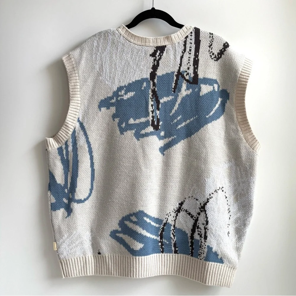 Urban Outfitters Men’s Abstract Pattern V-Neck Sweater Vest Cream Blue Large